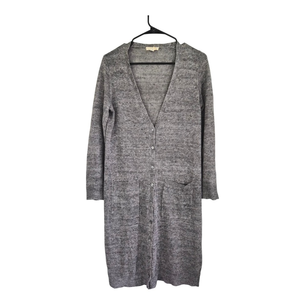 Eileen Fisher Gray Organic Linen Long Button Front Cardigan Duster Sweater Small